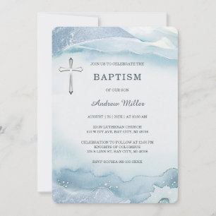 Elegant Blue Watercolor Baptism Invitation for Boy