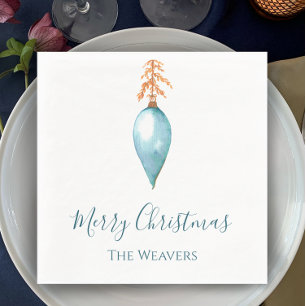 Elegant Blue Watercolor Bauble Custom Christmas Napkin