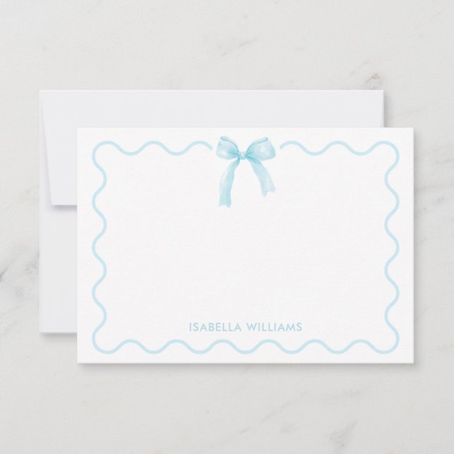 Elegant Blue Watercolor Bow Personalised Note Card (Front)