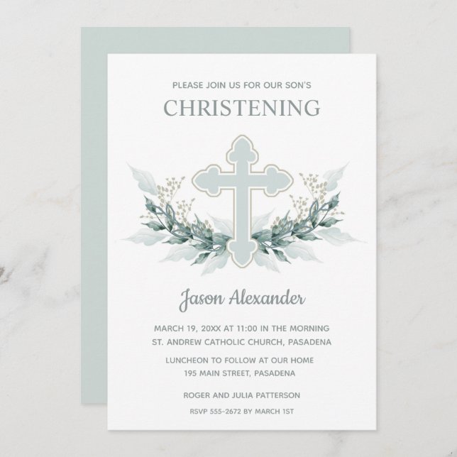 Elegant Blue Watercolor Christening Invitations (Front/Back)