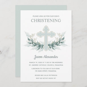 Elegant Blue Watercolor Christening Invitations