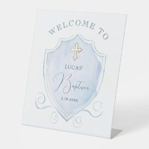 Elegant Blue Watercolor Crest Baptism Welcome Pedestal Sign