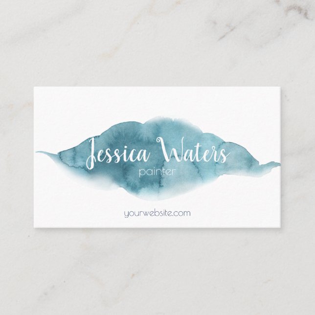 Elegant blue watercolor feminine script business card (Front)