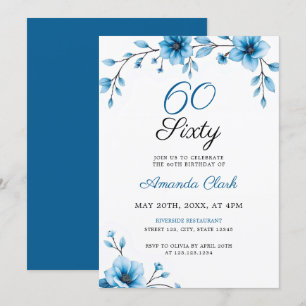 Elegant Blue Watercolor Floral 60th Birthday Invitation