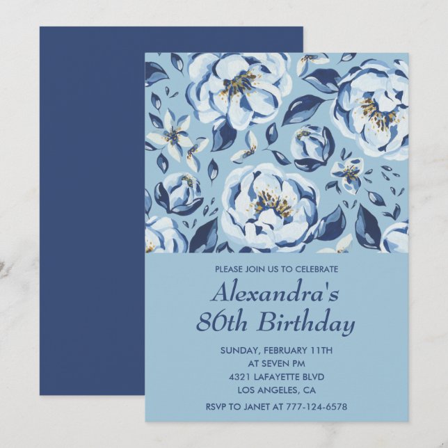 Elegant Blue Watercolor Floral 86th birthday Invitation (Front/Back)