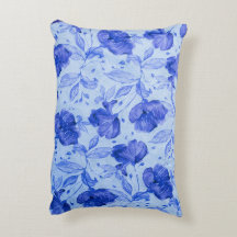 Elegant Blue Watercolor Floral Accent Pillow