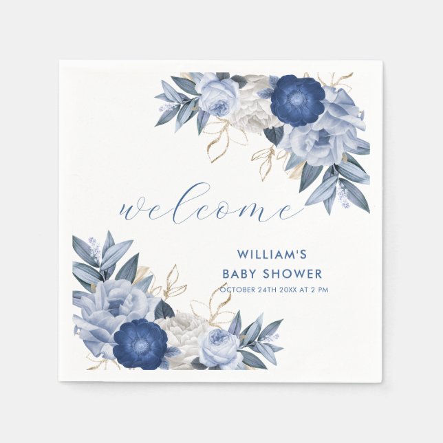 Elegant Blue Watercolor Floral Baby Shower  Napkin (Front)