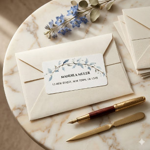 ​Elegant Blue Watercolor Floral Branch Return Addr Label