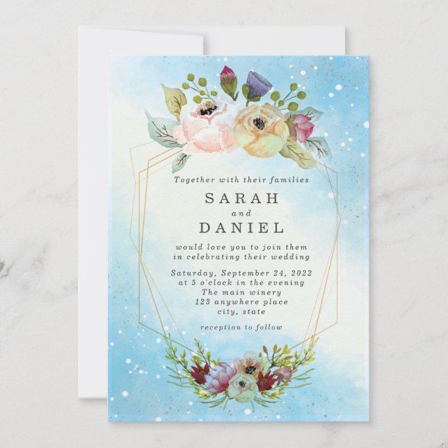 Elegant Blue Watercolor Floral Geometric Wedding (Front)