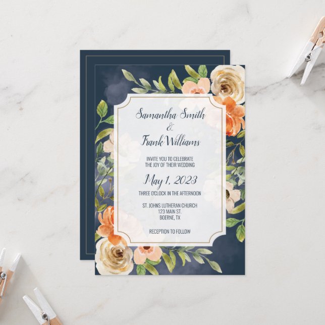Elegant Blue Watercolor Floral Invitation (Front/Back In Situ)
