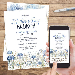 Elegant Blue Watercolor Floral Mother's Day Brunch Invitation