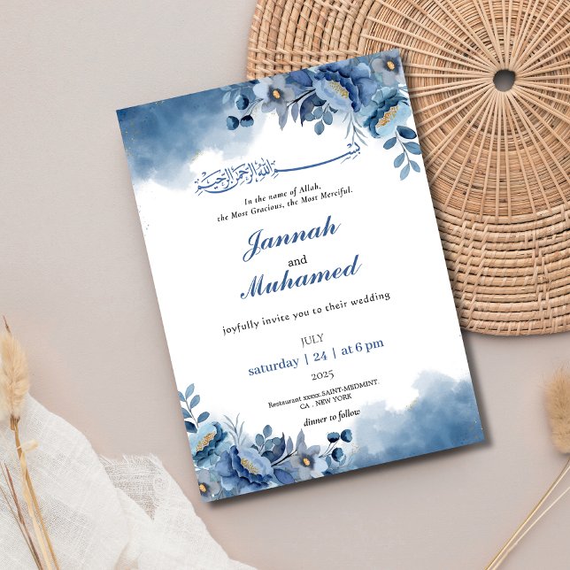 Elegant Blue watercolor Floral Muslim wedding  Invitation (Creator Uploaded)