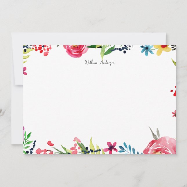 Elegant Blue Watercolor Floral Personal Stationery Card (Front)