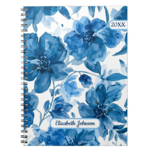 Elegant Blue Watercolor Floral Personalized  Notebook