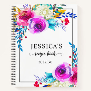 Elegant Blue Watercolor Floral Shower Recipe Notebook