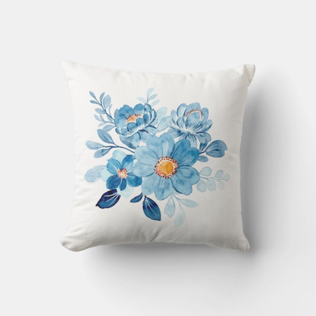 Elegant Blue Watercolor Floral Throw Pillow Cover, (Front)