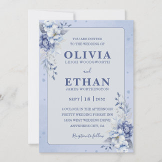 Elegant Blue Watercolor Floral Traditional Wedding Invitation