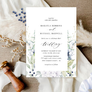 Elegant Blue Watercolor Floral w/ Greenery Wedding Invitation