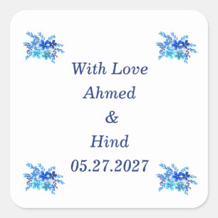 Elegant Blue Watercolor Floral Wedding Favour Square Sticker