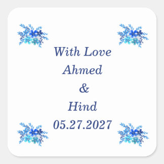Elegant Blue Watercolor Floral Wedding Favour Square Sticker