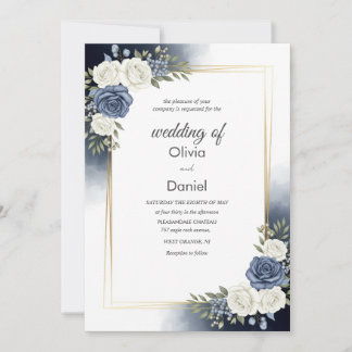 Elegant Blue Watercolor Floral Wedding Invitation 