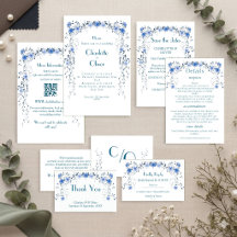 Elegant Blue Watercolor Floral Wedding Invitations