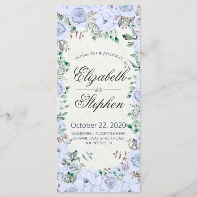 Elegant Blue Watercolor Floral Wedding Program (Front)