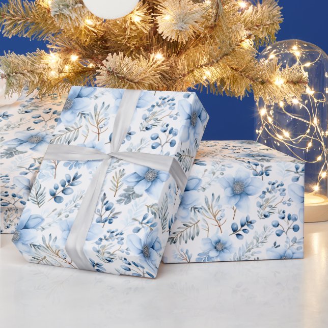 Elegant Blue Watercolor Florals Wrapping Paper (Holidays)