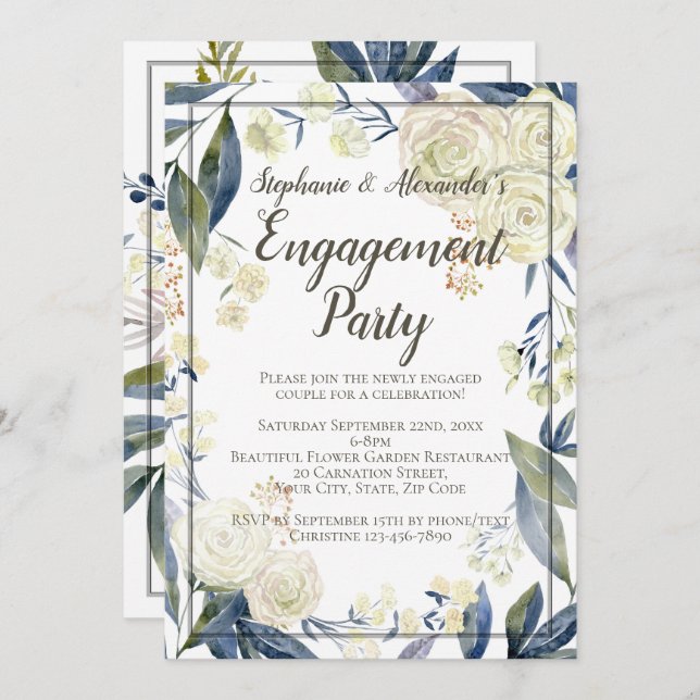 Elegant Blue Watercolor Flower Engagement Party Invitation (Front/Back)