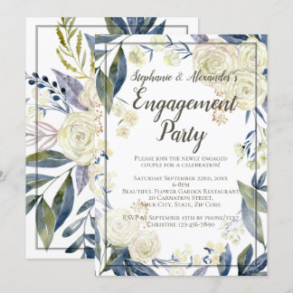 Elegant Blue Watercolor Flower Engagement Party Invitation