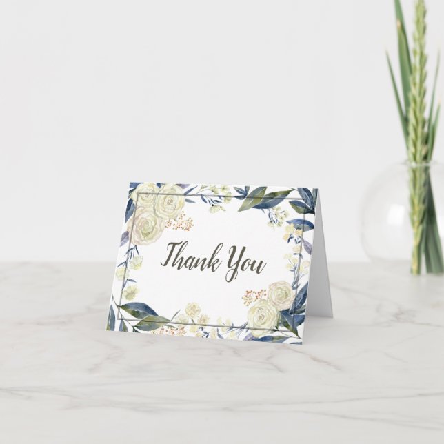 Elegant Blue Watercolor Flower Wedding Thank You (Front)