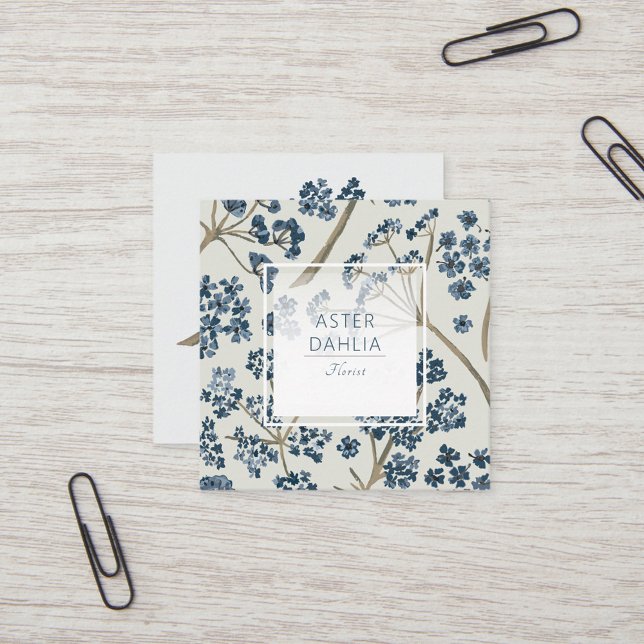 Elegant Blue Watercolor Flowers Square Business Card (Elegant Blue Watercolor Flowers Square Business Card from Studio Posies.)