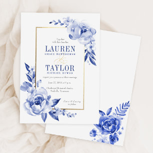 Elegant Blue Watercolor Flowers Wedding Invitation