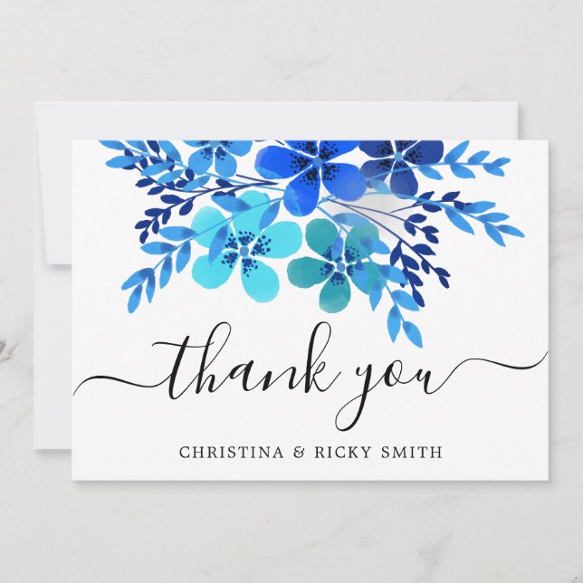Elegant Blue Watercolor Flowers Wedding Thank You Card (Front)