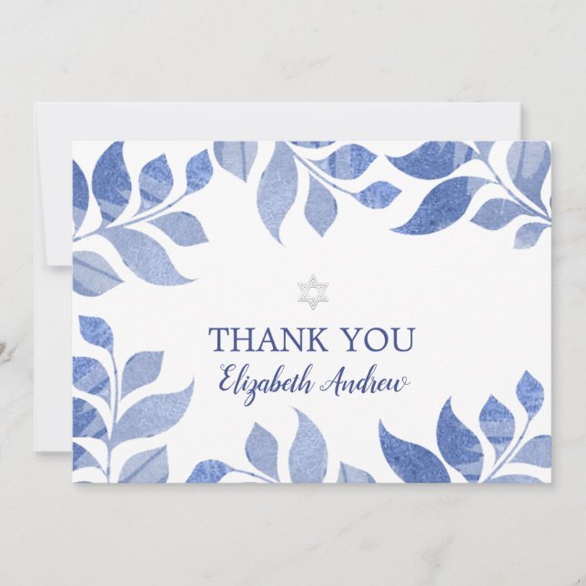 Elegant Blue Watercolor Foliage Bat Mitzvah Thank You Card (Front)