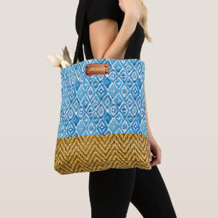 Elegant Blue Watercolor Geometric Rattan Look Tote Bag