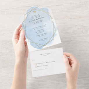 Elegant Blue Watercolor Gold Frame Bat Mitzvah All In One Invitation