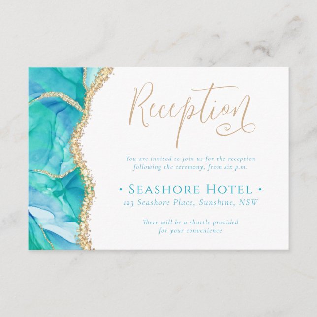 Elegant Blue Watercolor Gold Reception Wedding Enclosure Card (Front)