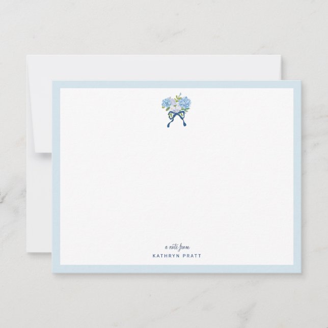 Elegant Blue Watercolor Hydrangea Flat Note Card (Front)