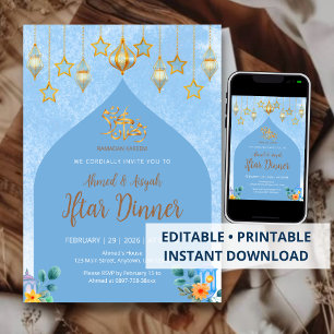 Elegant Blue Watercolor Iftar Dinner Invitation