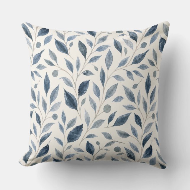 Elegant Blue Watercolor Leaves Pattern  Cushion (Front)