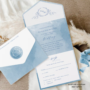 Elegant Blue Watercolor Monogram Wedding All In On All In One Invitation