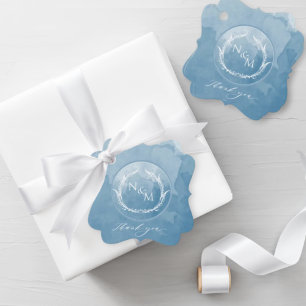 Elegant Blue Watercolor Monogram Wedding Favour Tags