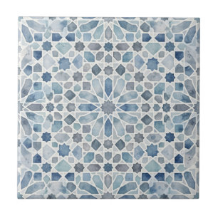 Elegant Blue Watercolor Moroccan Zellij Mosaic Ceramic Tile