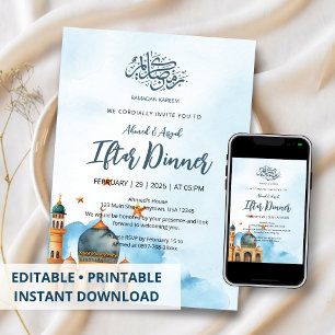 Elegant Blue Watercolor Mosque Ramadan Iftar Invitation