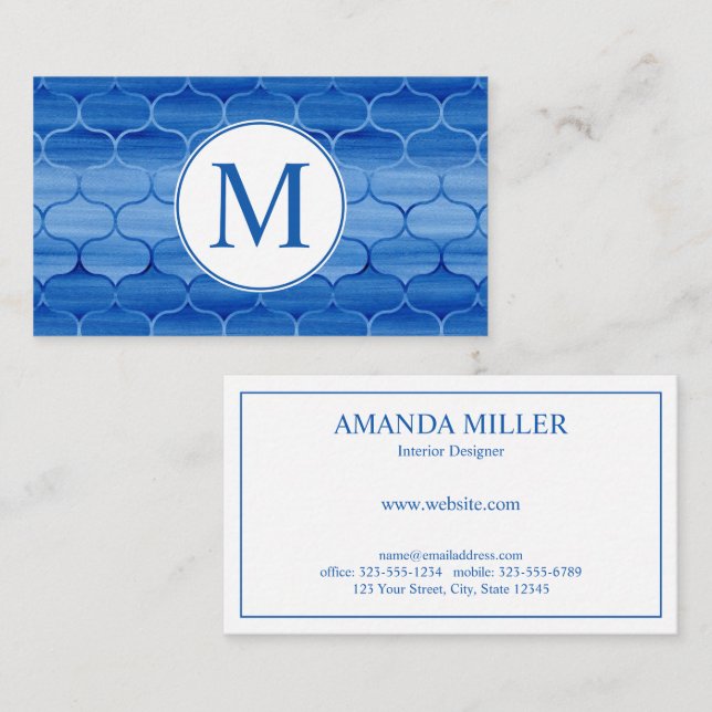 Elegant Blue Watercolor Ogee Pattern Monogram Business Card (Front/Back)
