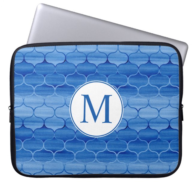 Elegant Blue Watercolor Ogee Pattern with Monogram Laptop Sleeve (Front)