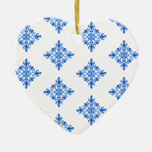 Elegant Blue Watercolor Portuguese Tile Floral Ceramic Ornament