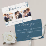 Elegant blue watercolor romantic wedding 3 photo thank you card<br><div class="desc">Part of our "Elegant blue watercolor leaves wedding" collection, this romantic and delicate blue watercolor thank you card features a 3 photos template over a sophisticated blue watercolor leaves design. Personalise the front of the card with your three favourite wedding pictures, your names and wedding date, and the back of...</div>