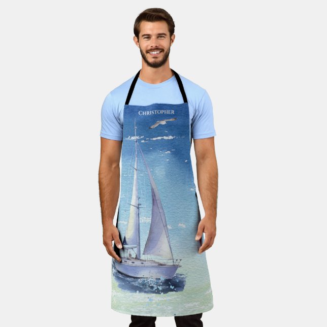 Elegant Blue Watercolor Sailing Ship Monogram Apron (Worn)